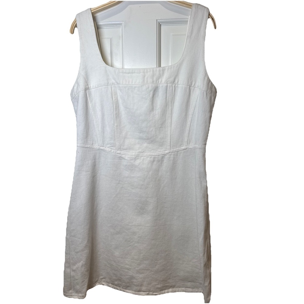 LuLu's White Denim Mini Dress Square Neck Sleeveless A-Line  Off White‎ Large